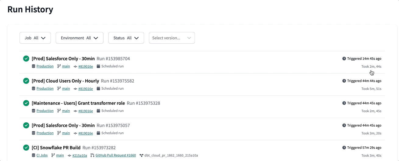 Improvements to Run History in dbt Cloud